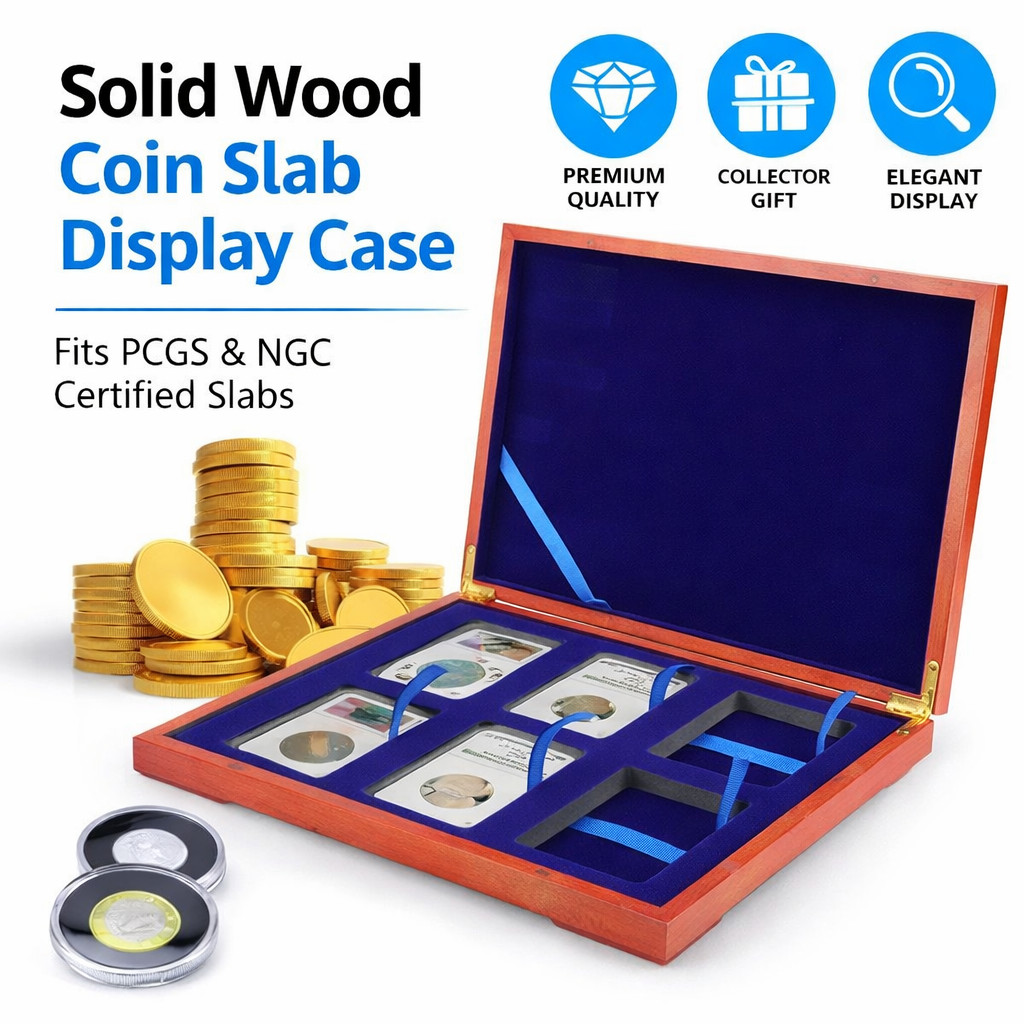 Solid Wood Coin Slab Display Case 6 Slot for PCGS NGC Certified Holder Collector