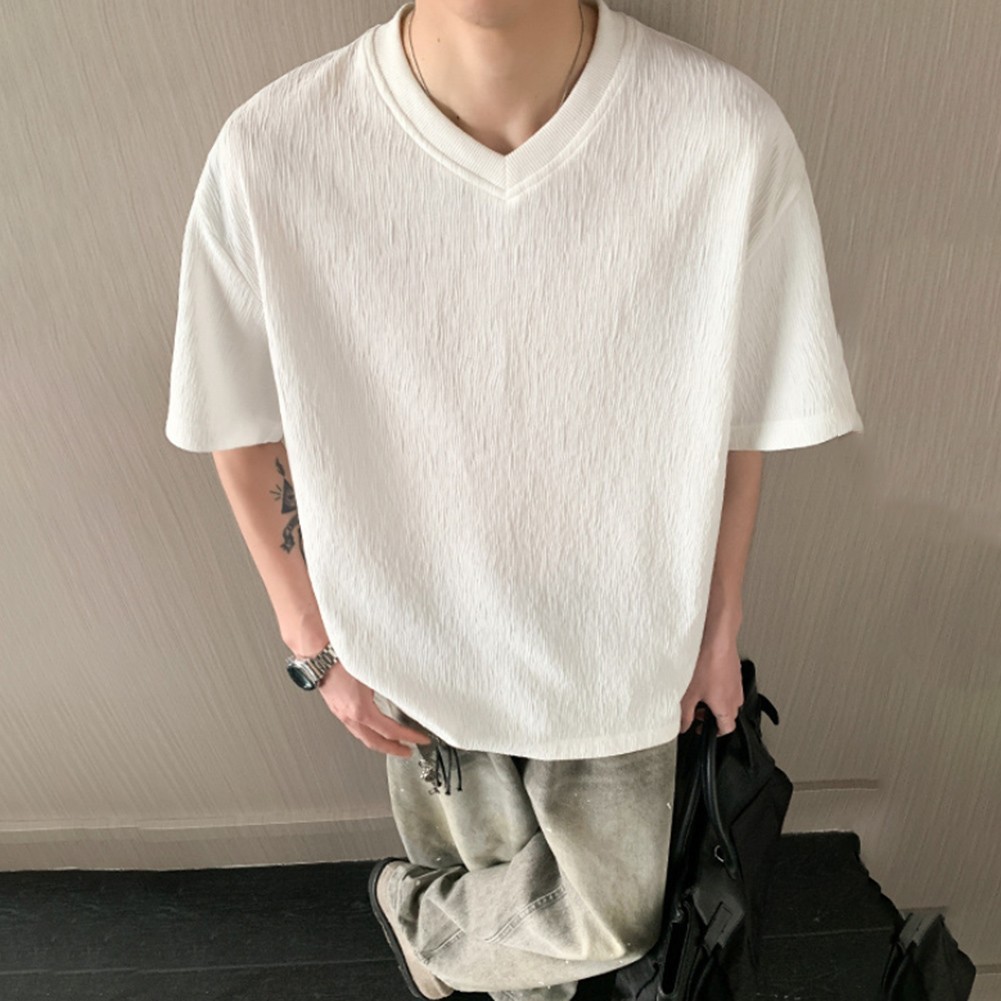 Men's V Neck Short Sleeve T Shirt Loose Fit Pure Color Texture Casual Top gallery