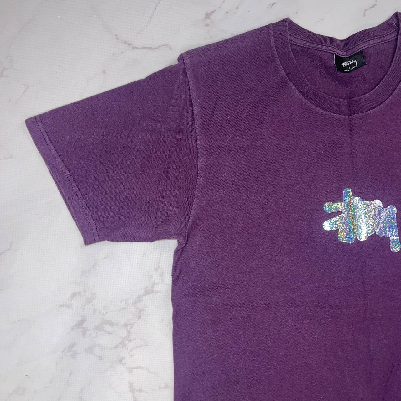 Vintage STUSSY T-Shirt Purple Glitter Logo Y2K Casual Tee Size S gallery