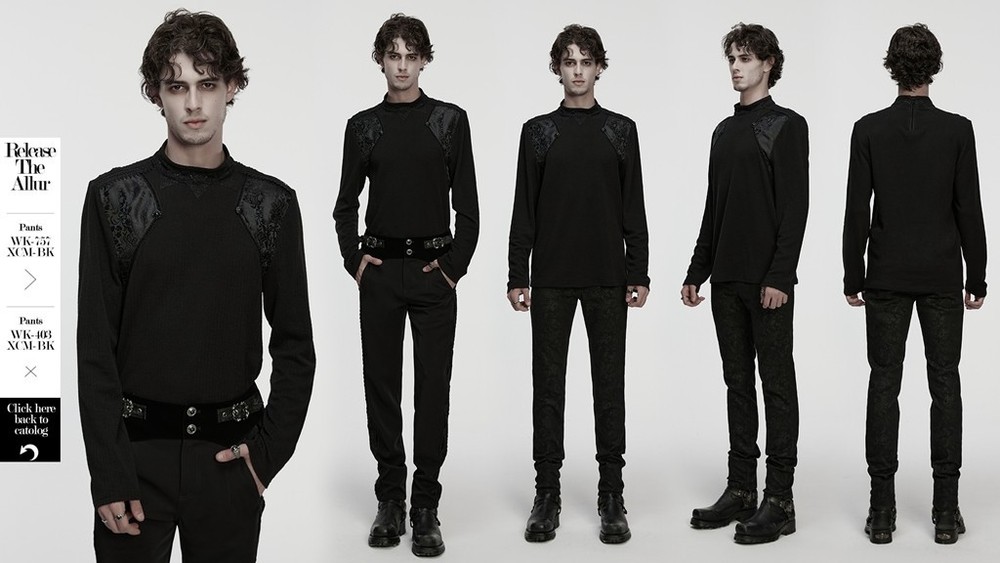 Punk Rave Men Black Gothic Punk Goth Minimalist T-Shirt Slim Fit Tops