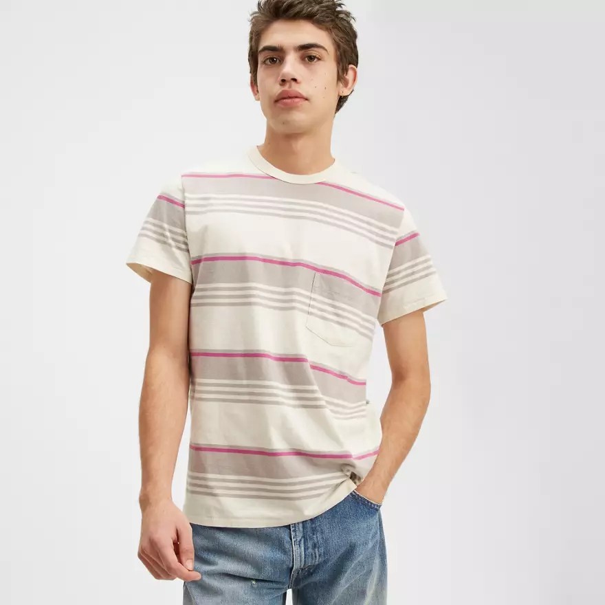 $98 Levi’s Vintage Clothing LVC 1960s Stripe T-Shirt Large Grey Pink 100% Cotton