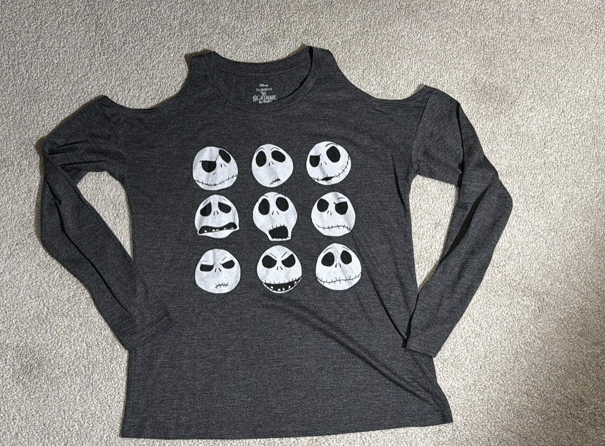 Cold Shoulder Jack Skellington Faces Long Sleeve T-Shirt Sz S