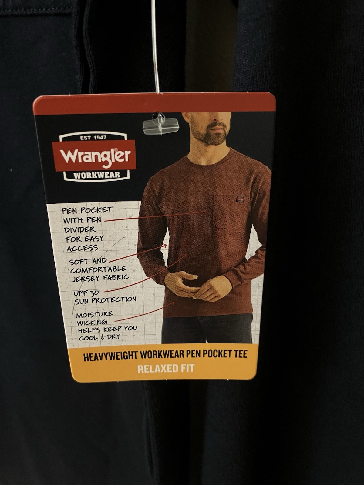 Wrangler Workwear Mens Long Sleeve Heavyweight Pocket Blue T-Shirt Size L Large gallery
