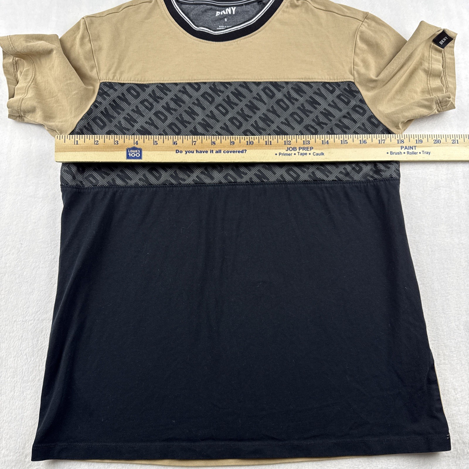 DKNY T-Shirt Tan Black Color Block Size Small Mesh Over Logo Cotton Spandex gallery