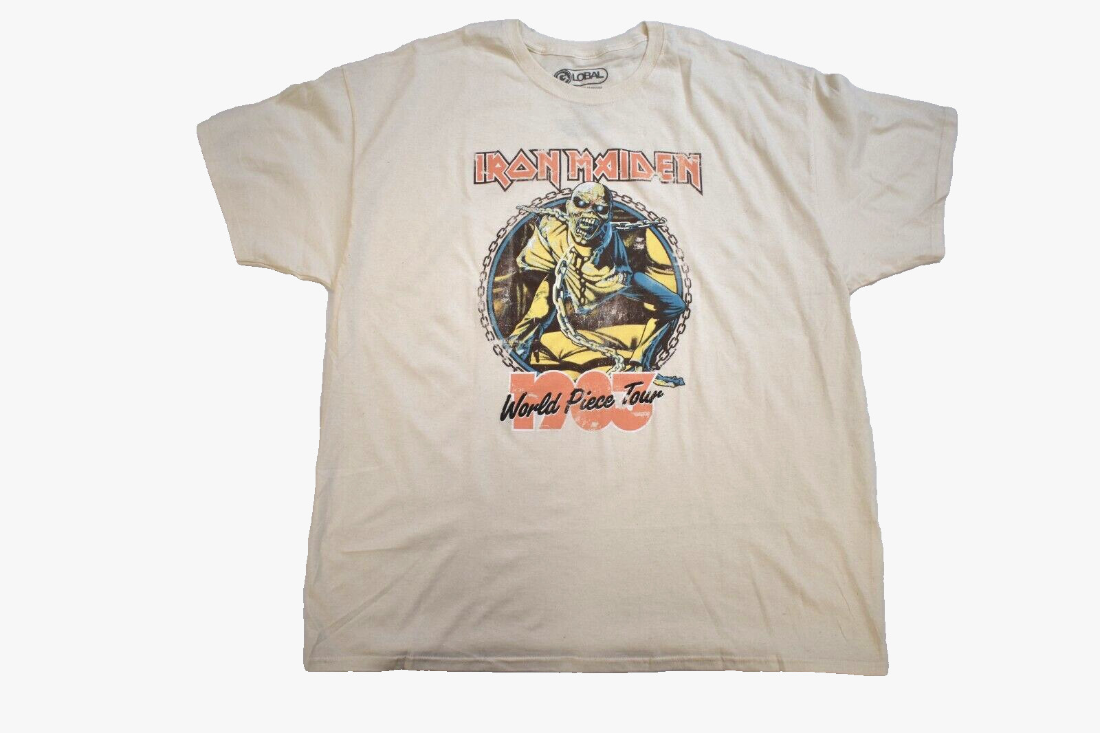 Global Mens Iron Maiden World Piece Tour Retro Graphic Cream Shirt NWT Large gallery