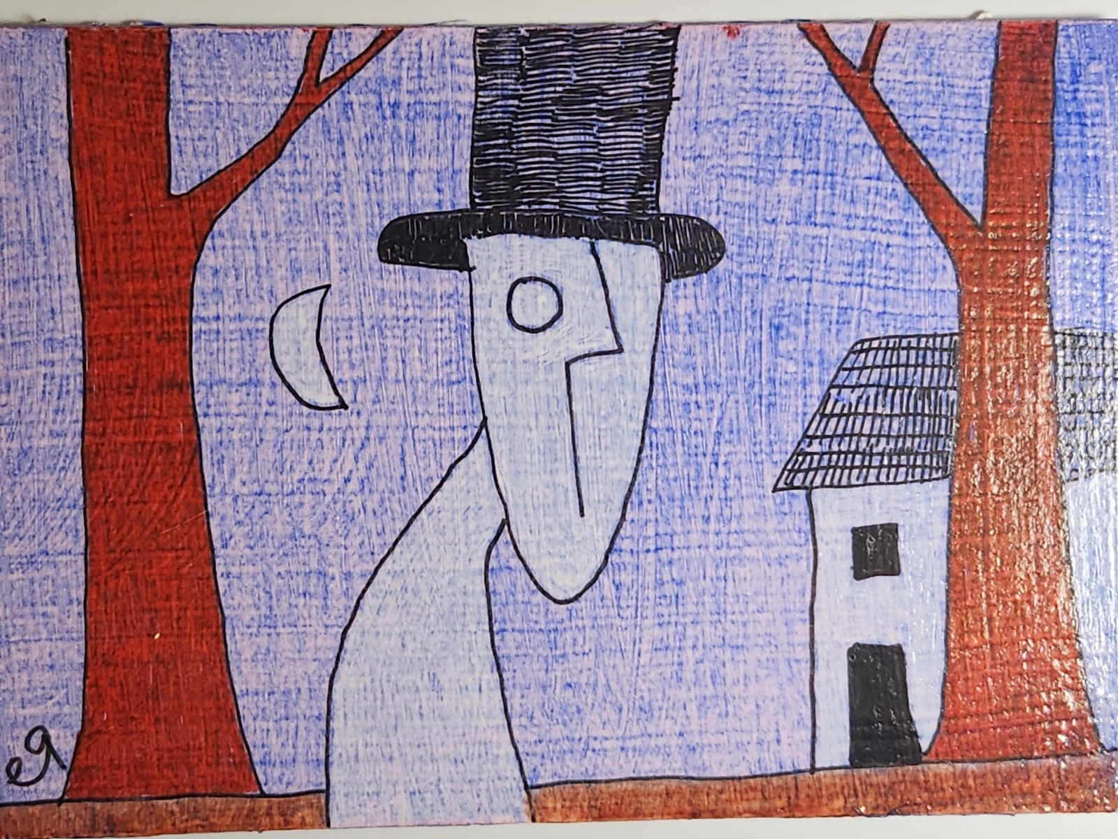 e9Art ACEO man with top hat in the night outsider art brut naive