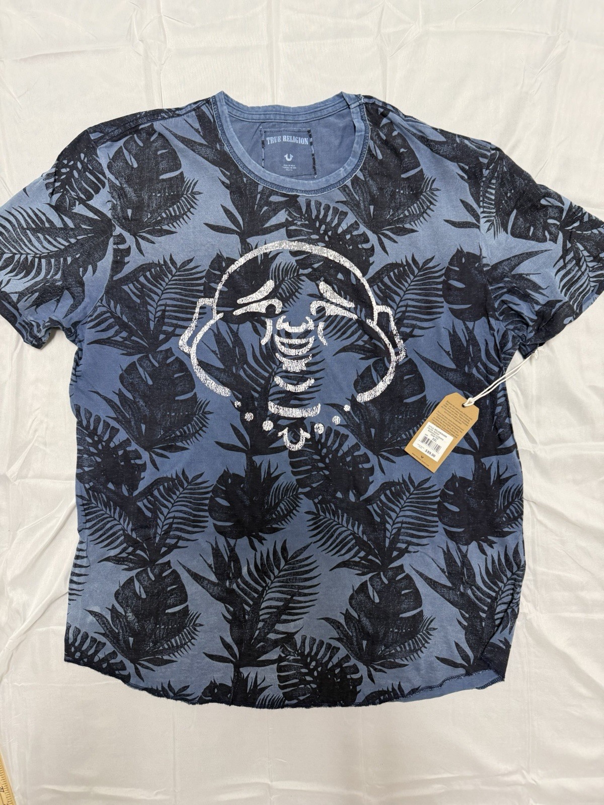 True Religion Blue And Black Tropical Print T-Shirt Details. Size: L
