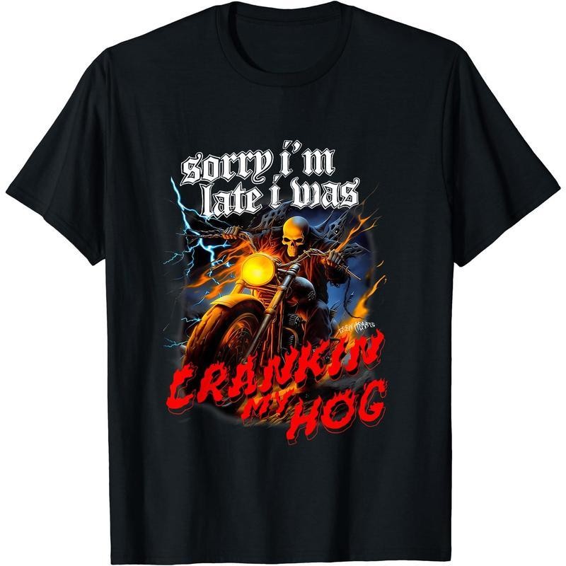 Sorry Im Late I Was Crankin My Hog Horror Skeleton Ride Motorcycle Men's T-Shirt gallery