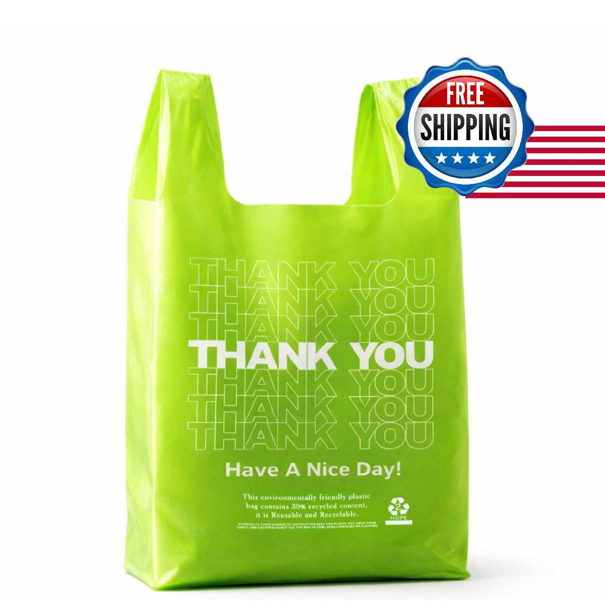 YoYoRain 100 Pack “Thank You” T-Shirt Bags – Green Plastic Shopping Bags with Ha
