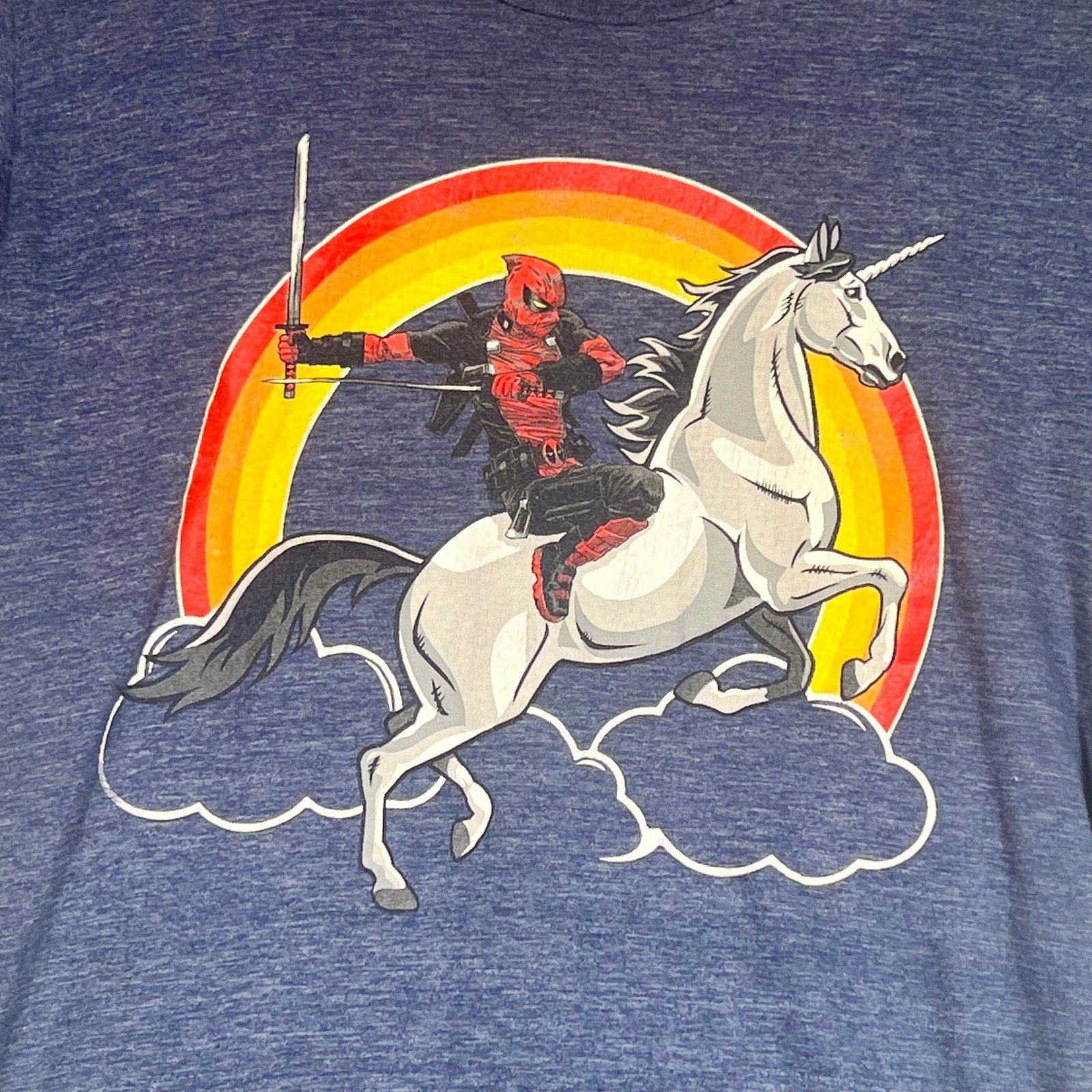 Marvel T-Shirt Mens Small Deadpool Riding Unicorn Rainbow Blue Heather Graphic gallery