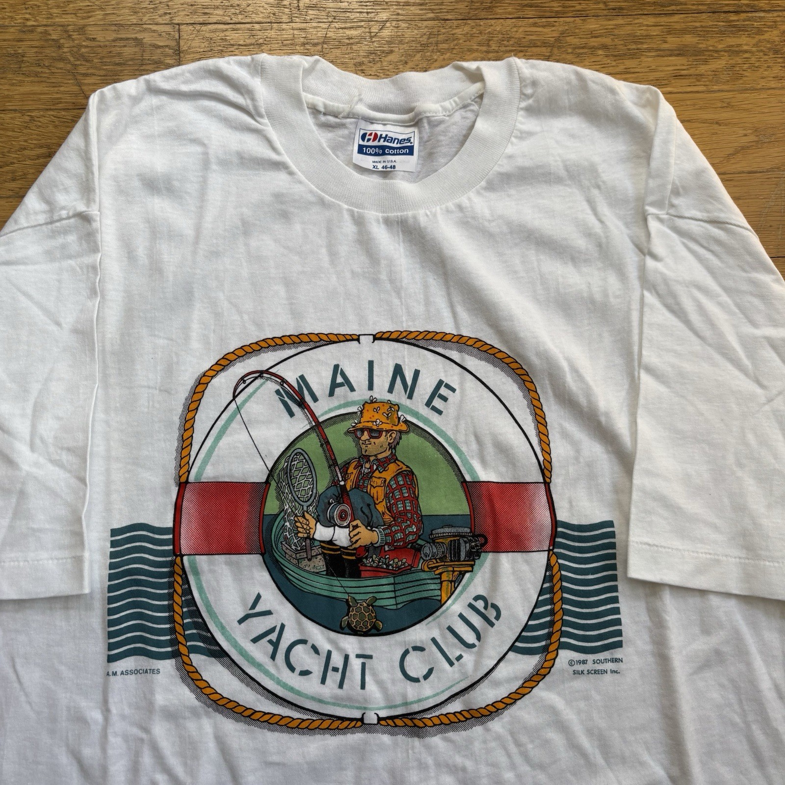 Vintage 80s Maine Fisherman Shirt Funny Yacht Club Sz XL White Deadstock