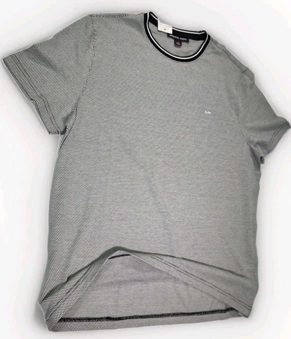 Men Large White/Blck Michael Kors SHRT SLV Ribbed Crew Neck Knitted T Shirt NWT gallery