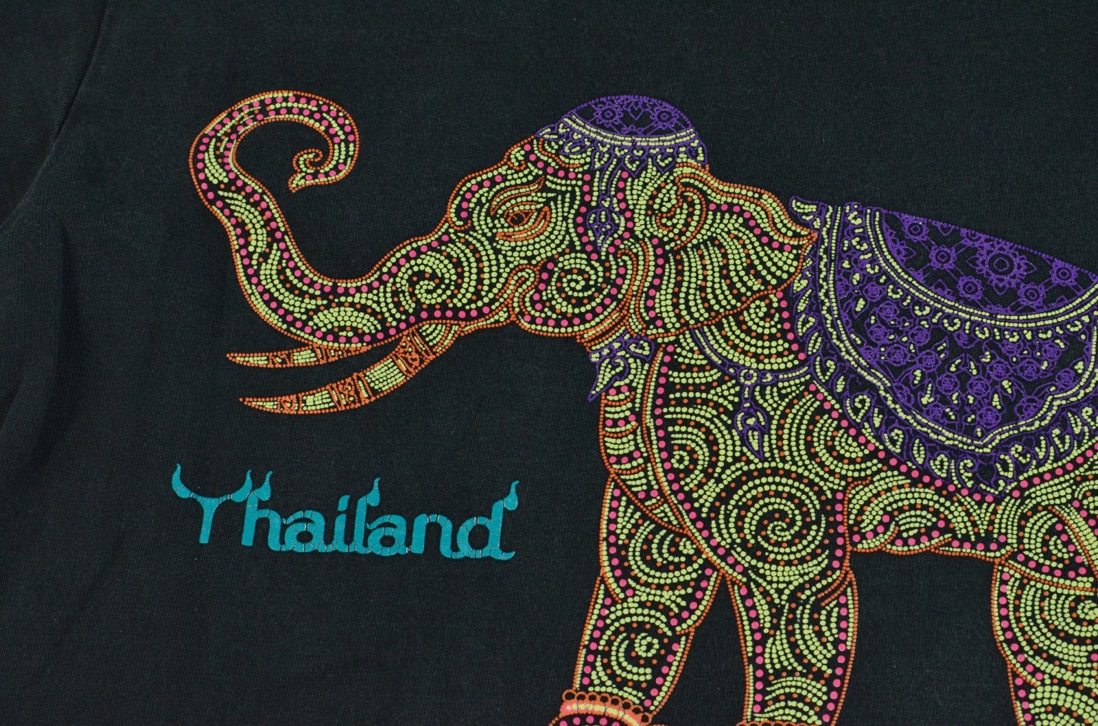 Vintage Thai Thailand Elephant Double Sided 90's Medium Black Shirt "Beaded Art" gallery