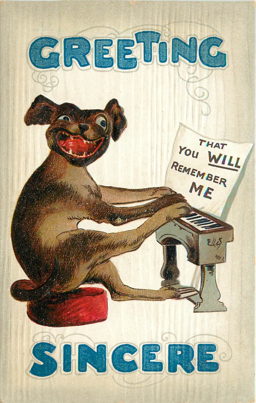 BB London Embossed Postcard E-9 Dog Plays Piano With His Feet, Greeting SIncere