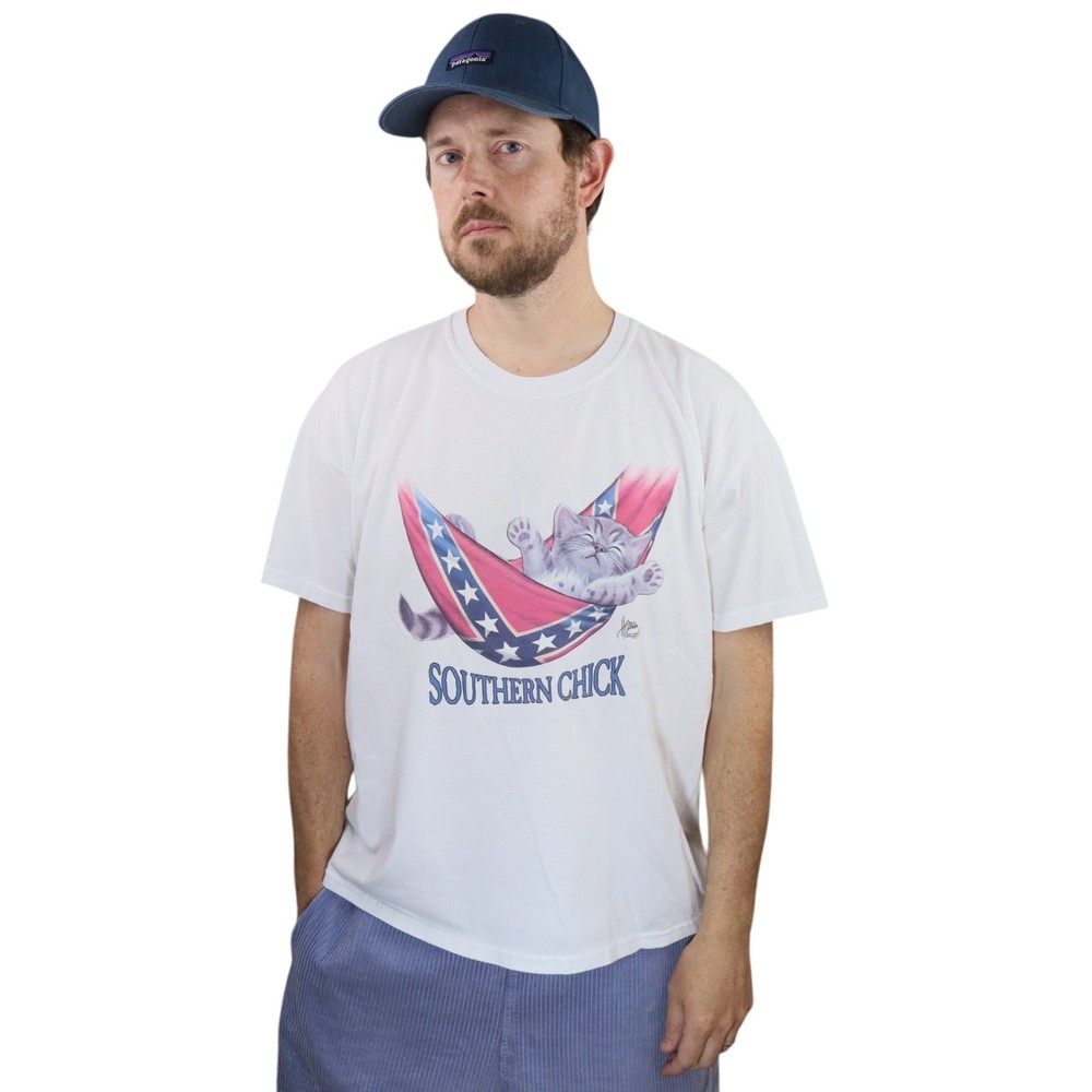 Vintage 90s Bob Harrison Southern Chick Cat T Shirt Mens XL White Jerzees Tee