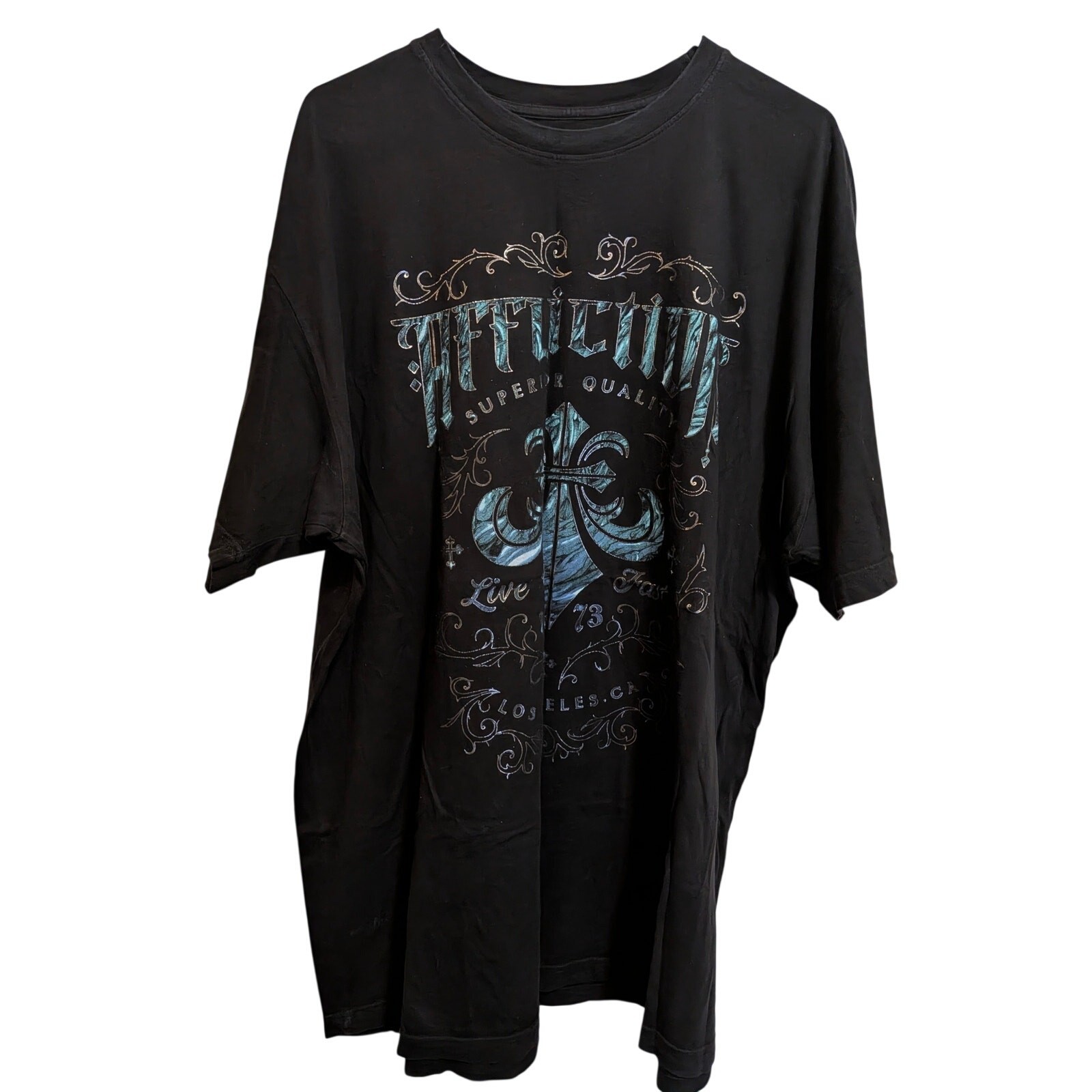 3X AFFLICTION Live Fast T-shirt Oak Aged Black Silver Blue Foil Print Y2K