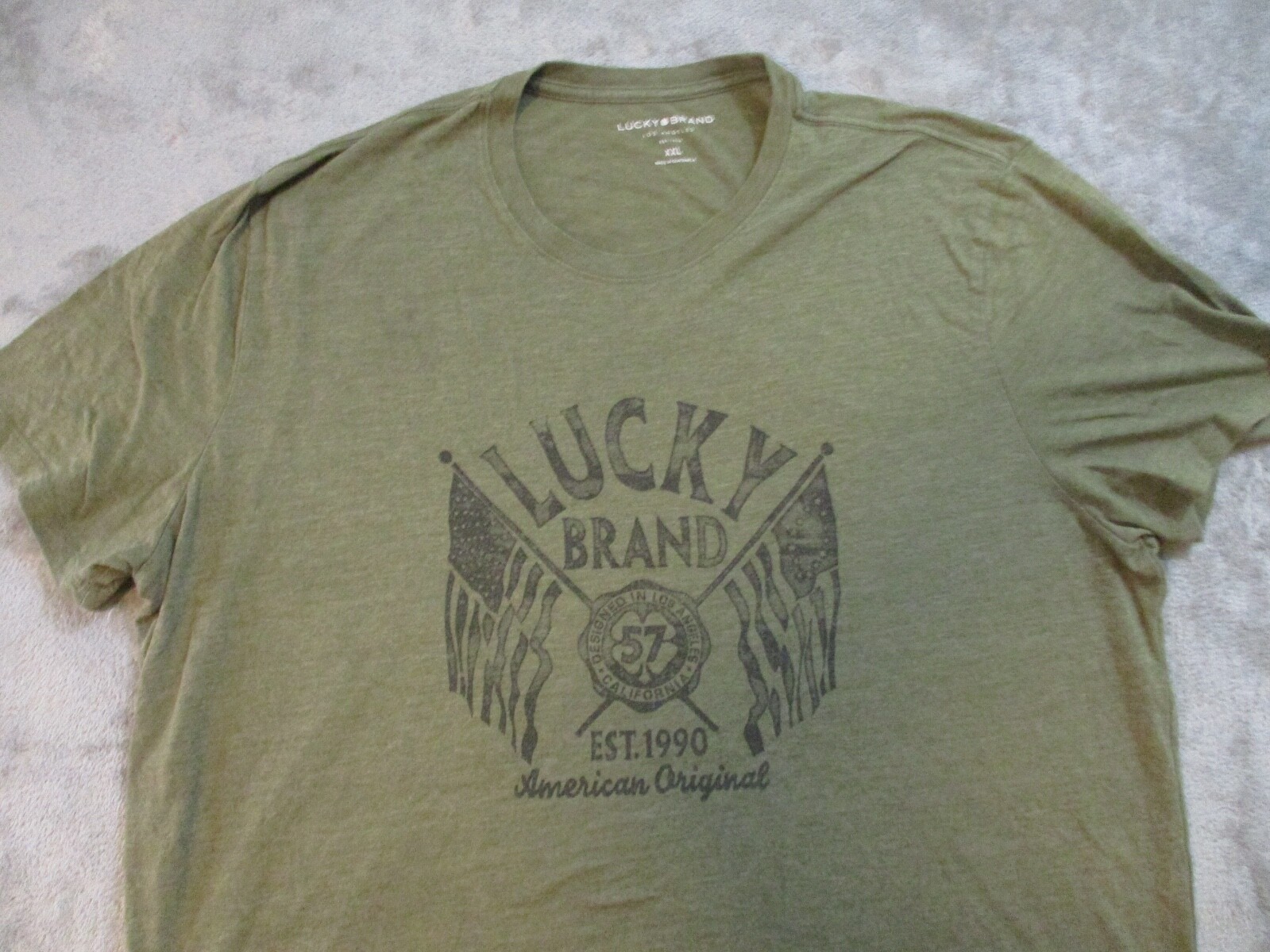 Lucky Brand Shirt Mens XXL Green Black Olive Drab Military USA American Flag gallery