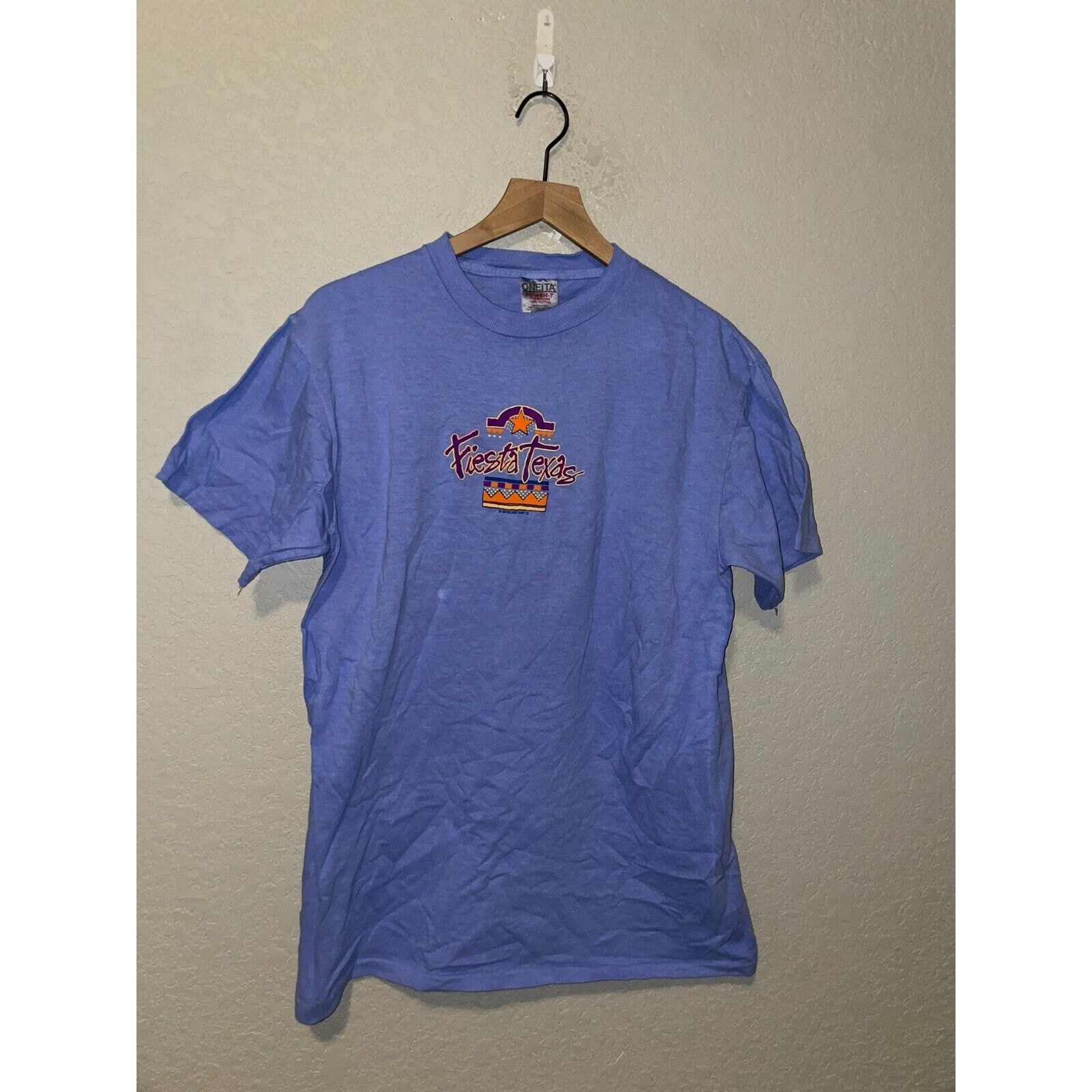 Vintage Fiesta Shirt TX Texas Oneita Blue Periwinkle Tee 90s VTG 90s Medium