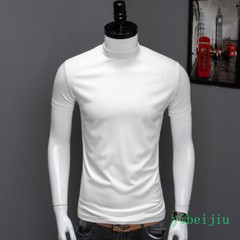 Mens Summer Half High Collar Silk Cotton Short Sleeved Slim Fit Shirts Comfort