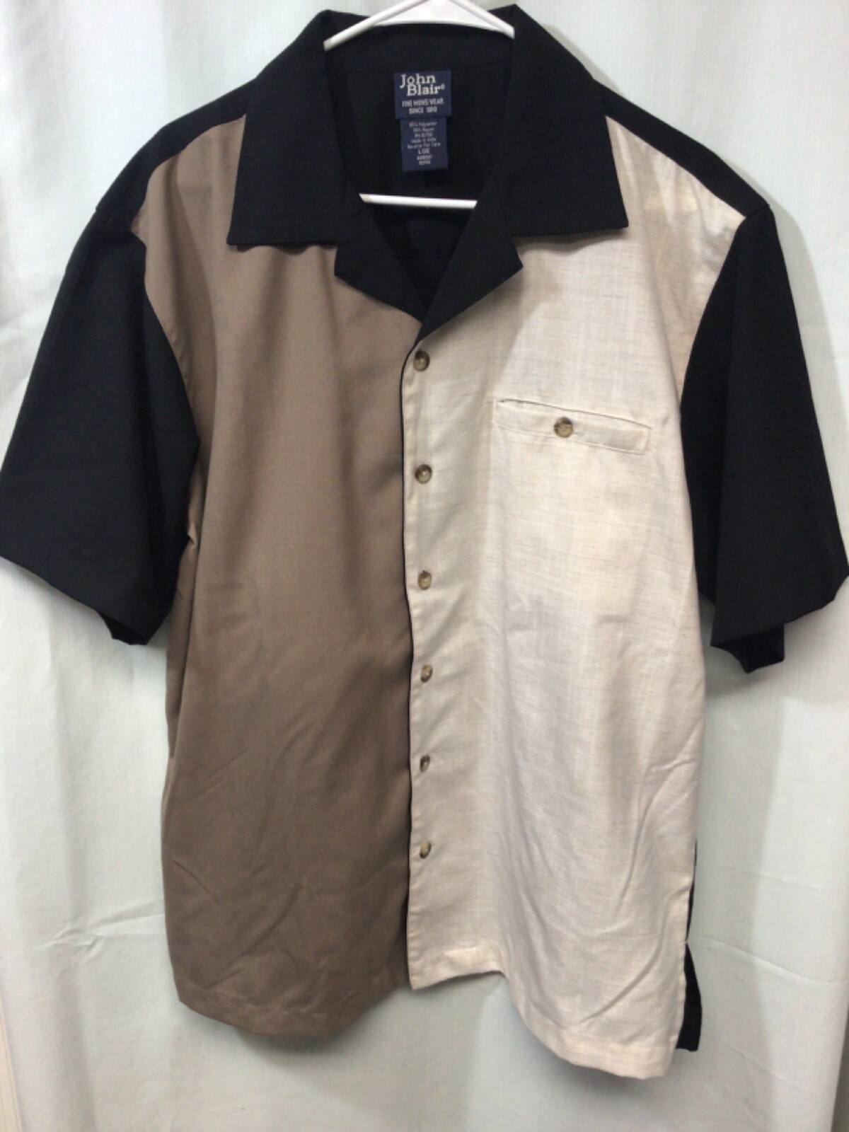 John Blair Beige/Tan/Black Large Hawaiian Style Rayon Blend Shirt Sleeve ShirtB6 gallery