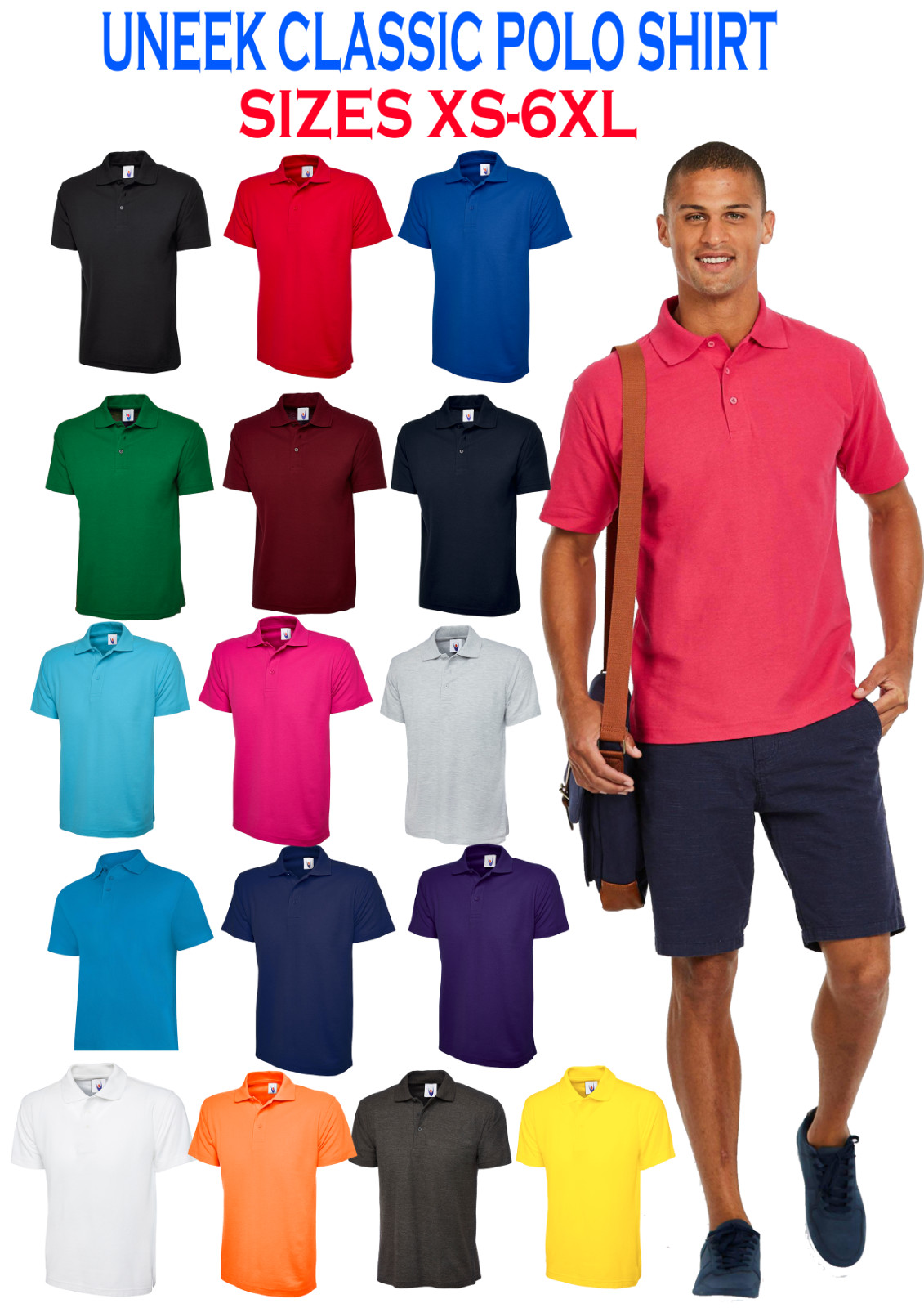 Uneek Classic Unisex adult plain uc101 Polo Shirt Casual Sport Golf Size XS-6XL gallery