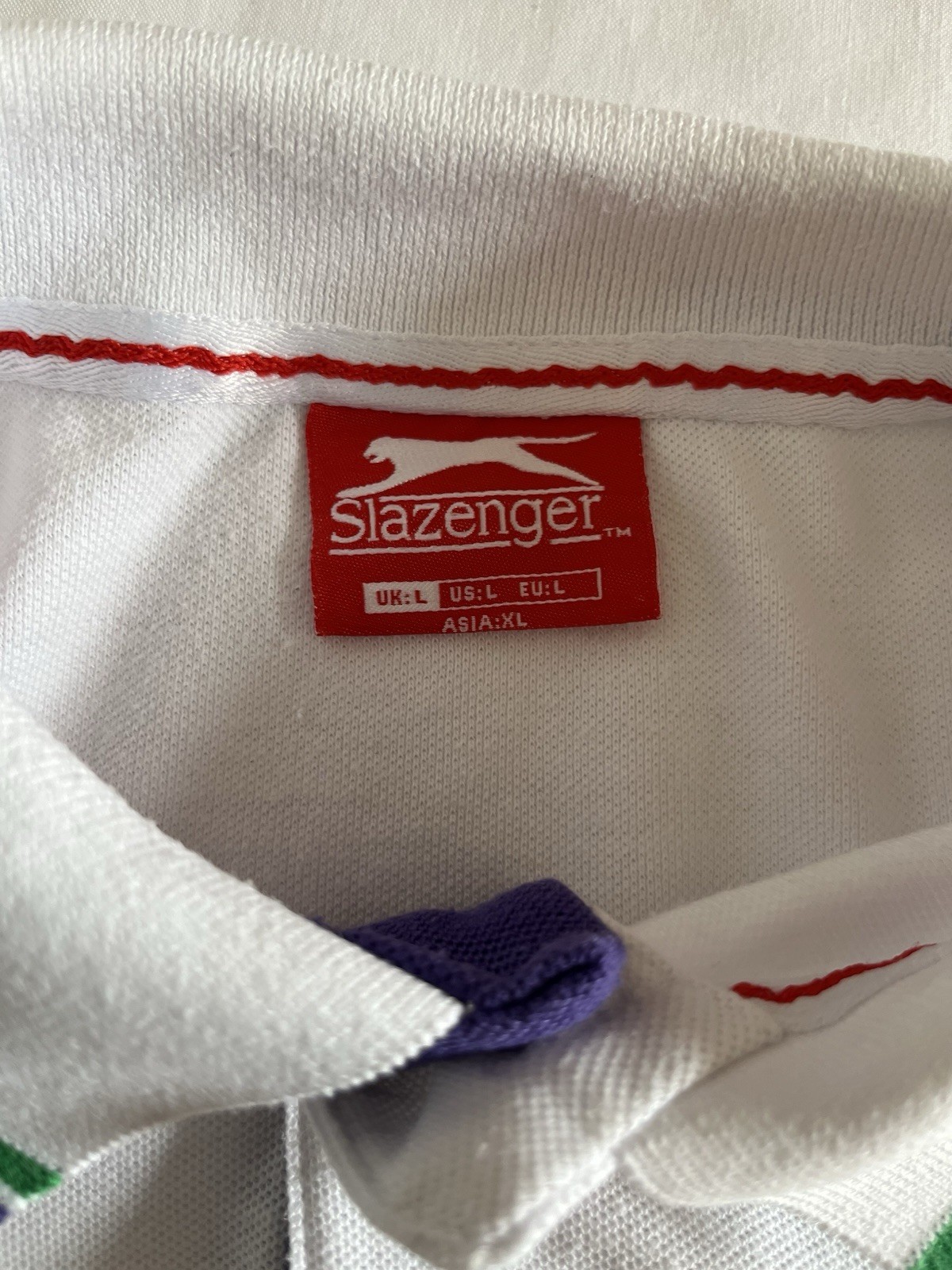 SLAZENGER Men’s Size L White Polo Green Purple Trim Short Sleeve Cotton T-shirt gallery