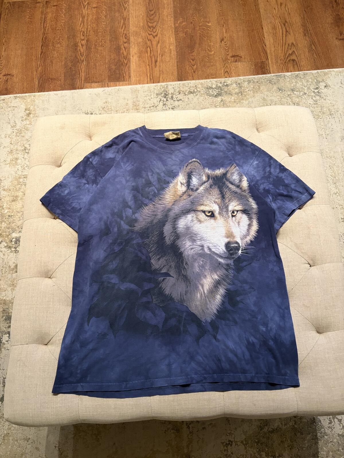 🐺 Vintage 90-00s nature The Mountain Blue Tie-Dye Wolf Portrait Tee gallery