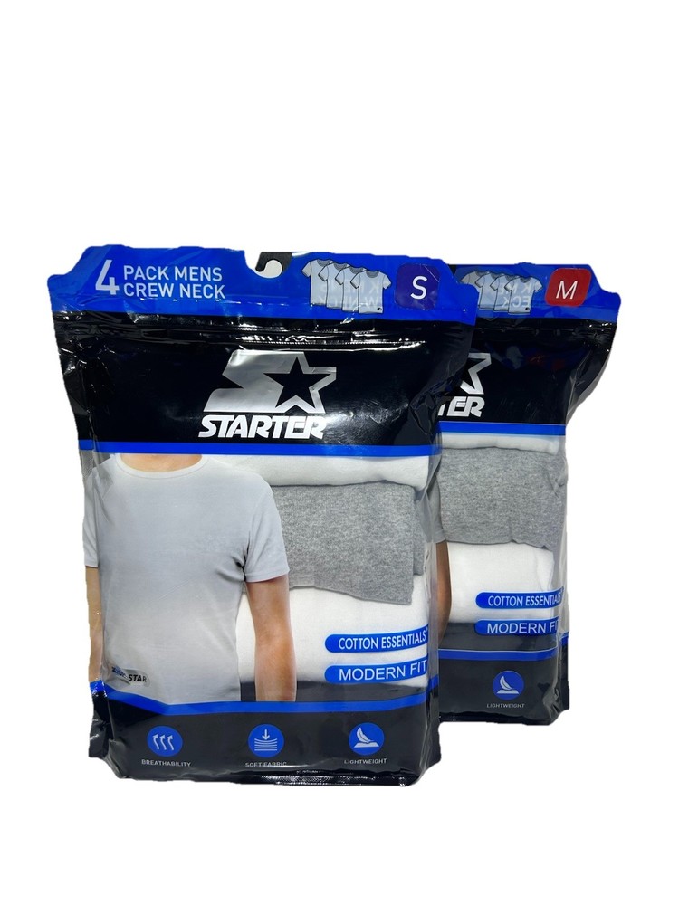 New Starter Men 4 Pack Crew Neck Cotton Essential Shirts Sizes S, M, L, XL