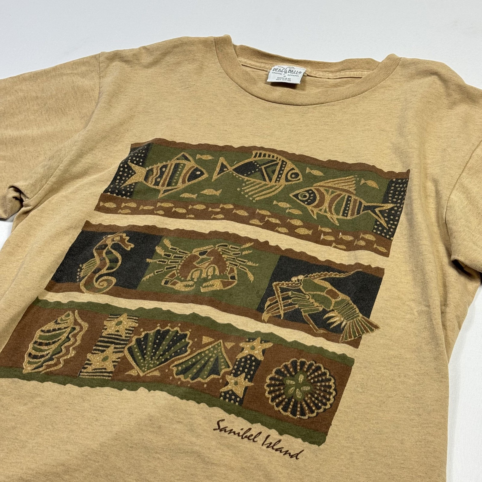 Vintage Sanibel Island Shirt Men Medium Tan Sea Life Graphic Beach Balls Florida