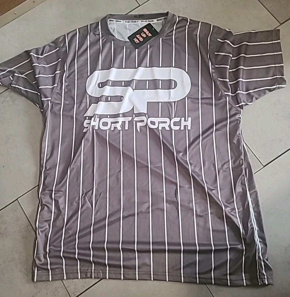 Short Porch Softball Shirt Dark Grey And White Striped practice jersey