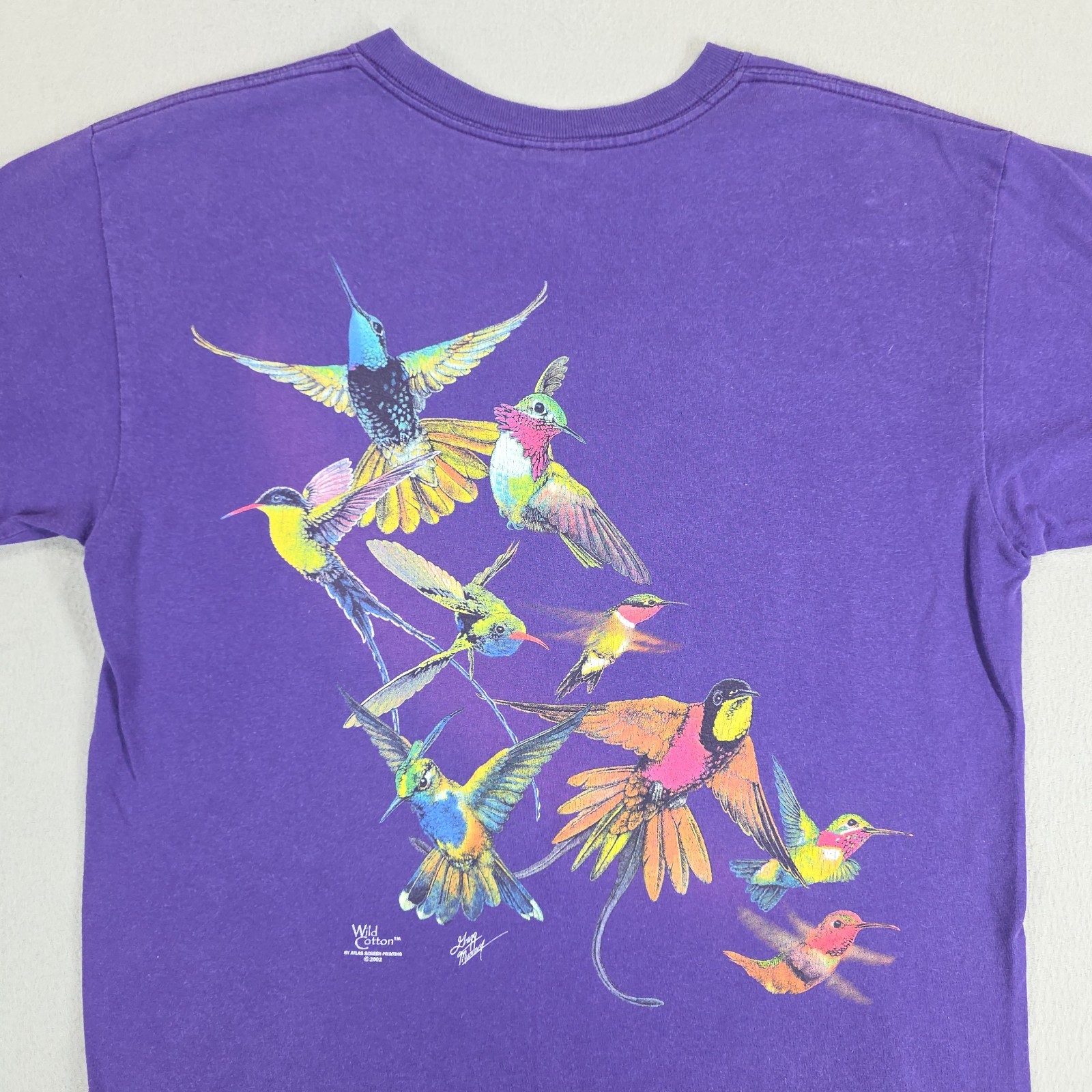 Vintage Hummingbird Shirt Mens Medium Purple Double Sided Wild Cotton Floral Art gallery