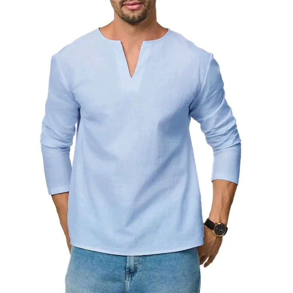Men's Cotton Linen V Neck Shirt Long Sleeve Casual Lightweight Tee gallery