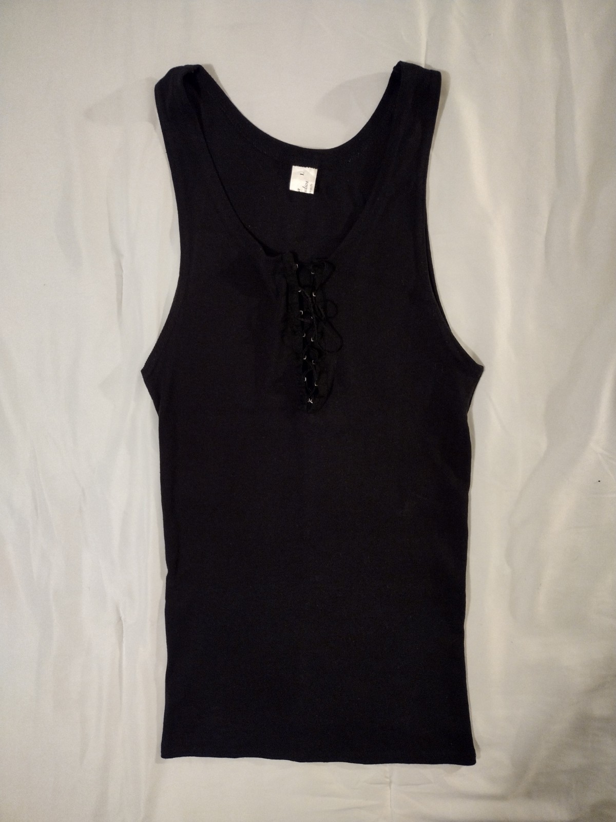 Vintage Men's Black tank top Black Lace Up Tank Top Men's Large gallery