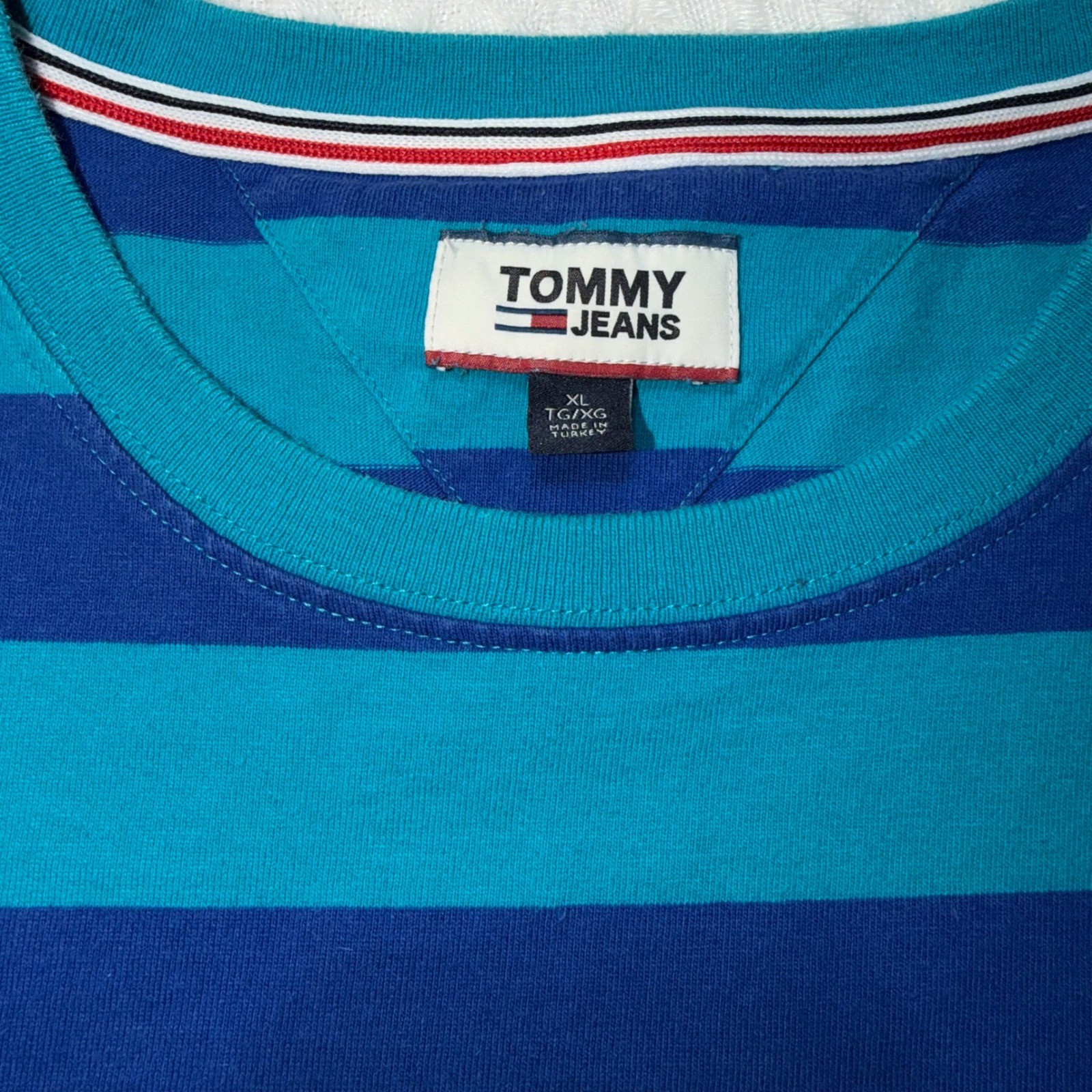 Vintage Tommy Jeans Mens XL Blue Striped Short Sleeve Script Boxy Logo T-Shirt gallery
