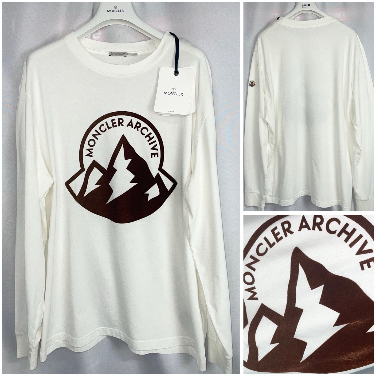 Moncler XXL Long Sleeve T-Shirt Mens Off White Felt Big Logo NEW NWT