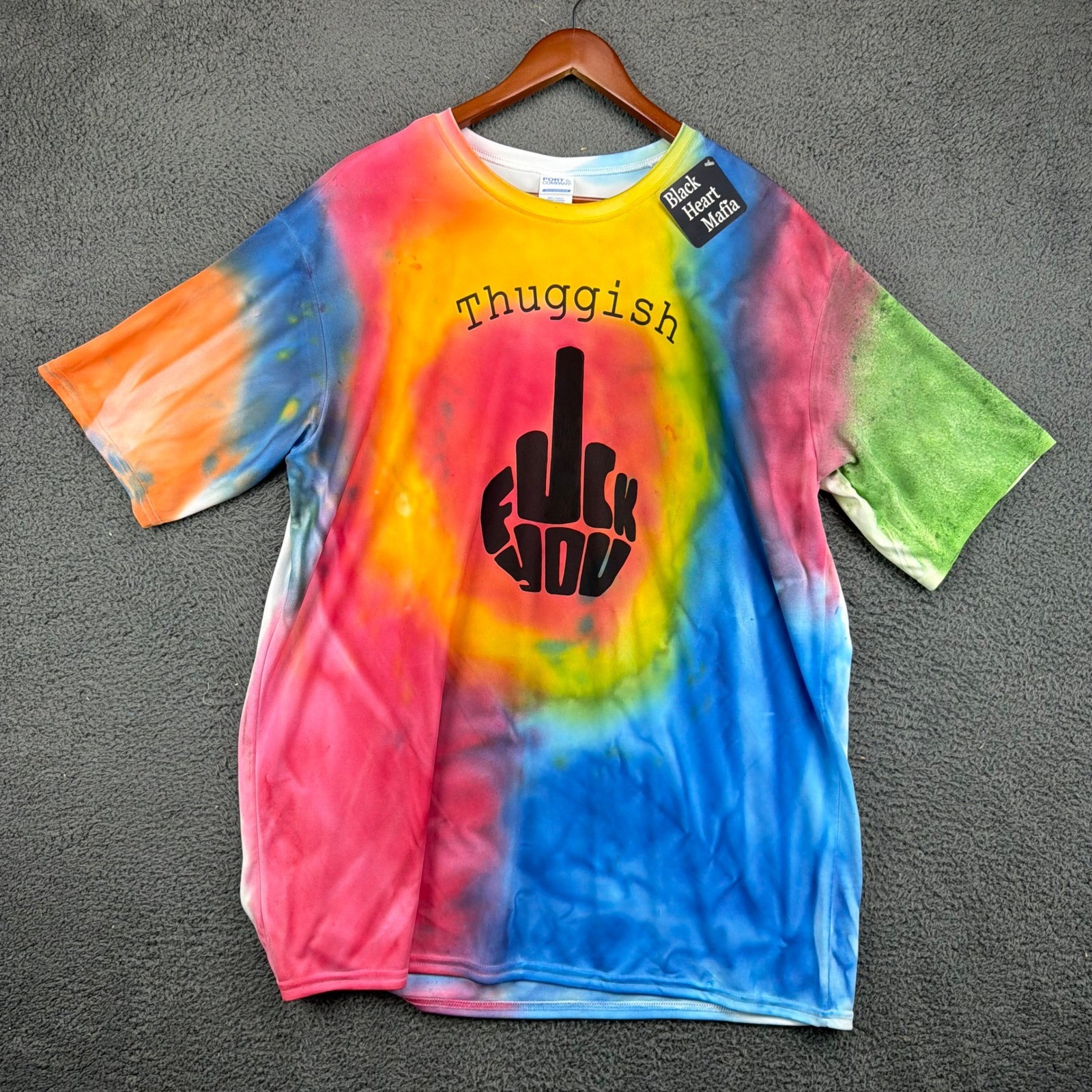 Port & Company Mens 2XL Tie Dye Thuggish Middle Finger Performance T-Shirt Multi