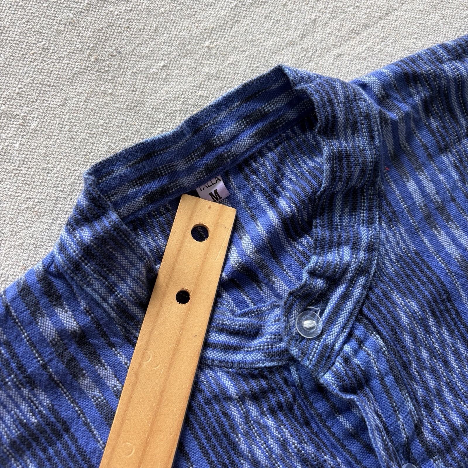 Guatemalan Ikat Collarless Henley Indigo Blue Shirt Men's Medium M Women's Large gallery