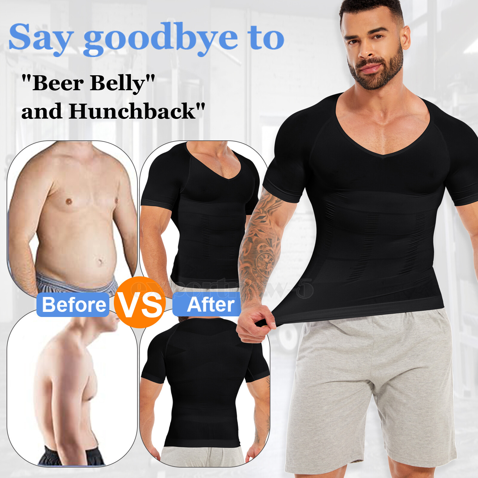 US Mens Compression V-Neck T-Shirt Moobs Slimming Tummy Control Body Shaper Tops gallery
