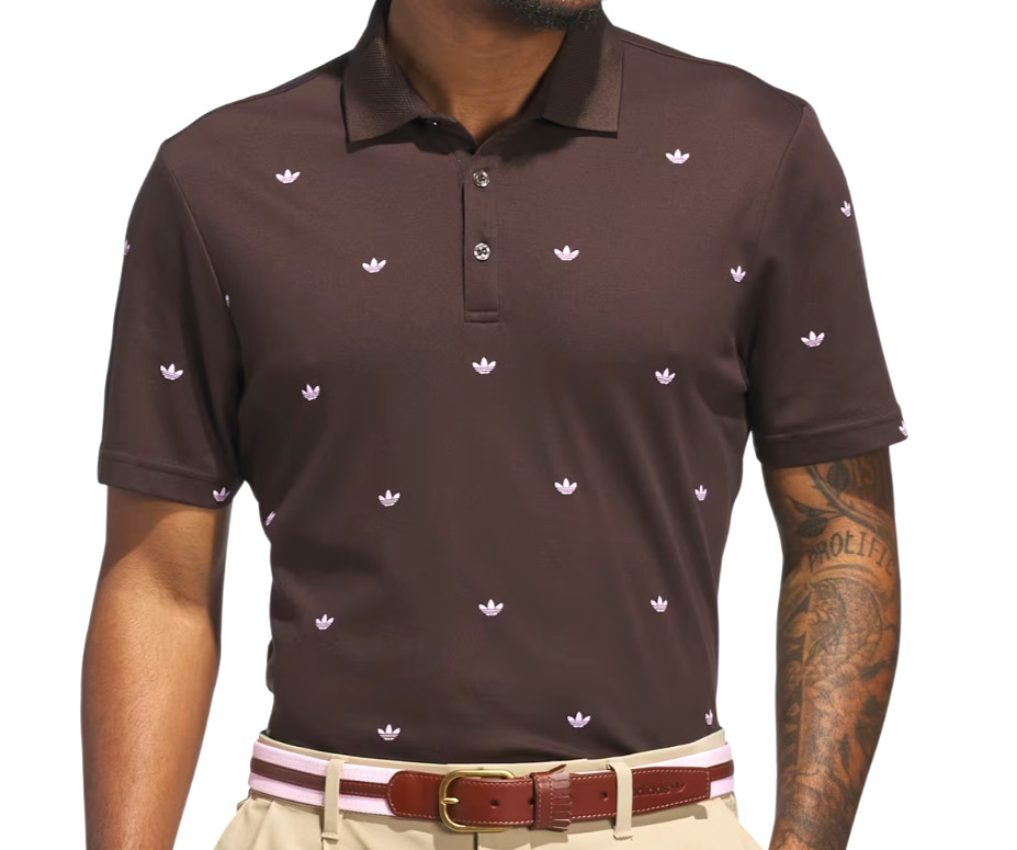 NEW MENS ADIDAS ORIGINALS MONOGRAM TREFOIL POLO SHIRT ~MEDIUM #JX9265 BROWN PINK gallery