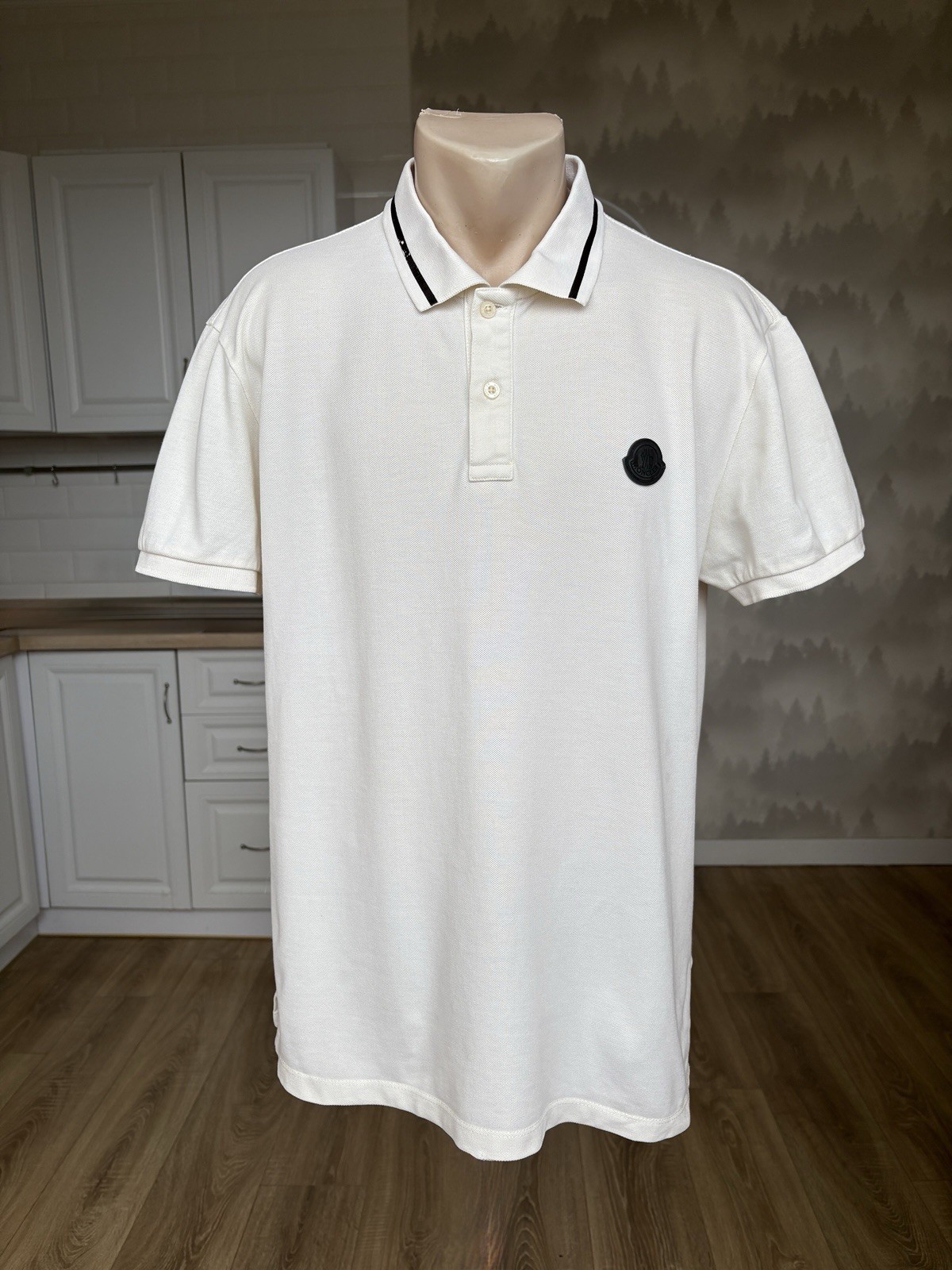 MONCLER Men’s Ivory Cotton Polo Shirt with a Silicone Patch Size XL