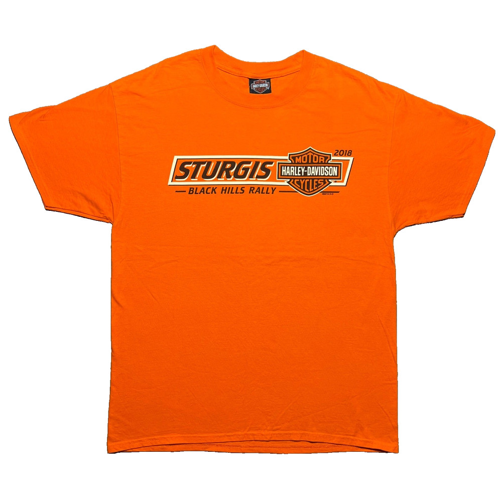 Harley Davidson Sturgis 2018 Black Hill Rally T Shirt Mens Large Orange Deadwood
