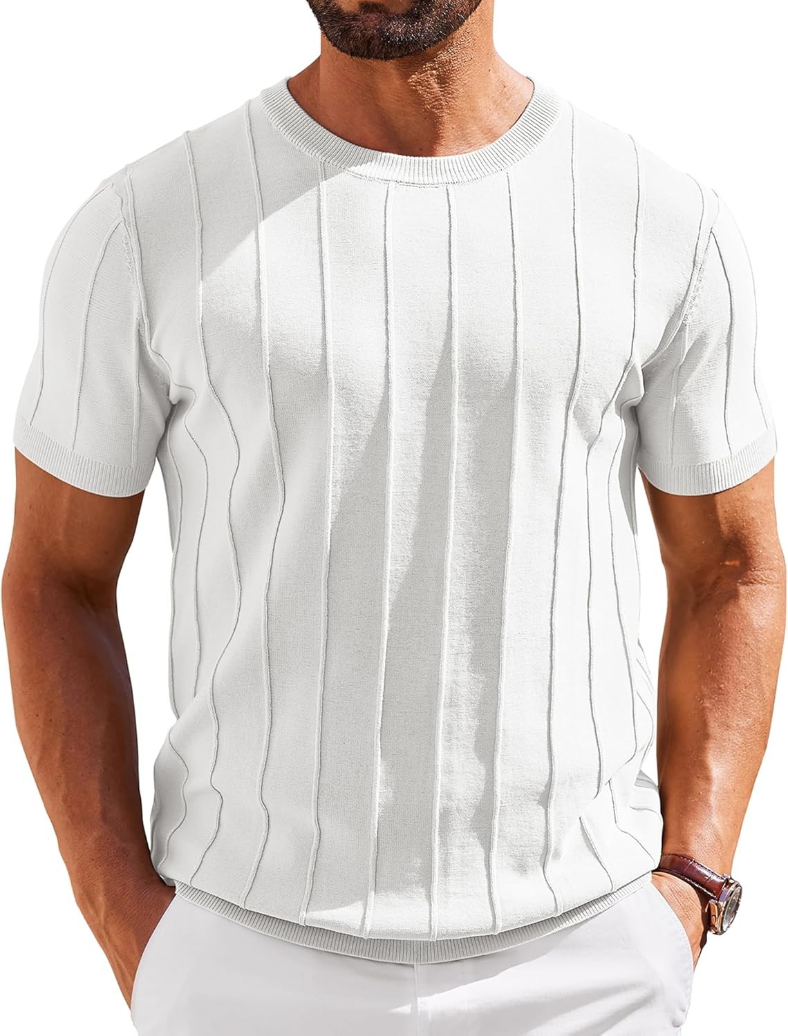 Men's Casual Short Sleeve Knit T-Shirt - Ribbed Crewneck Pullover Tee gallery
