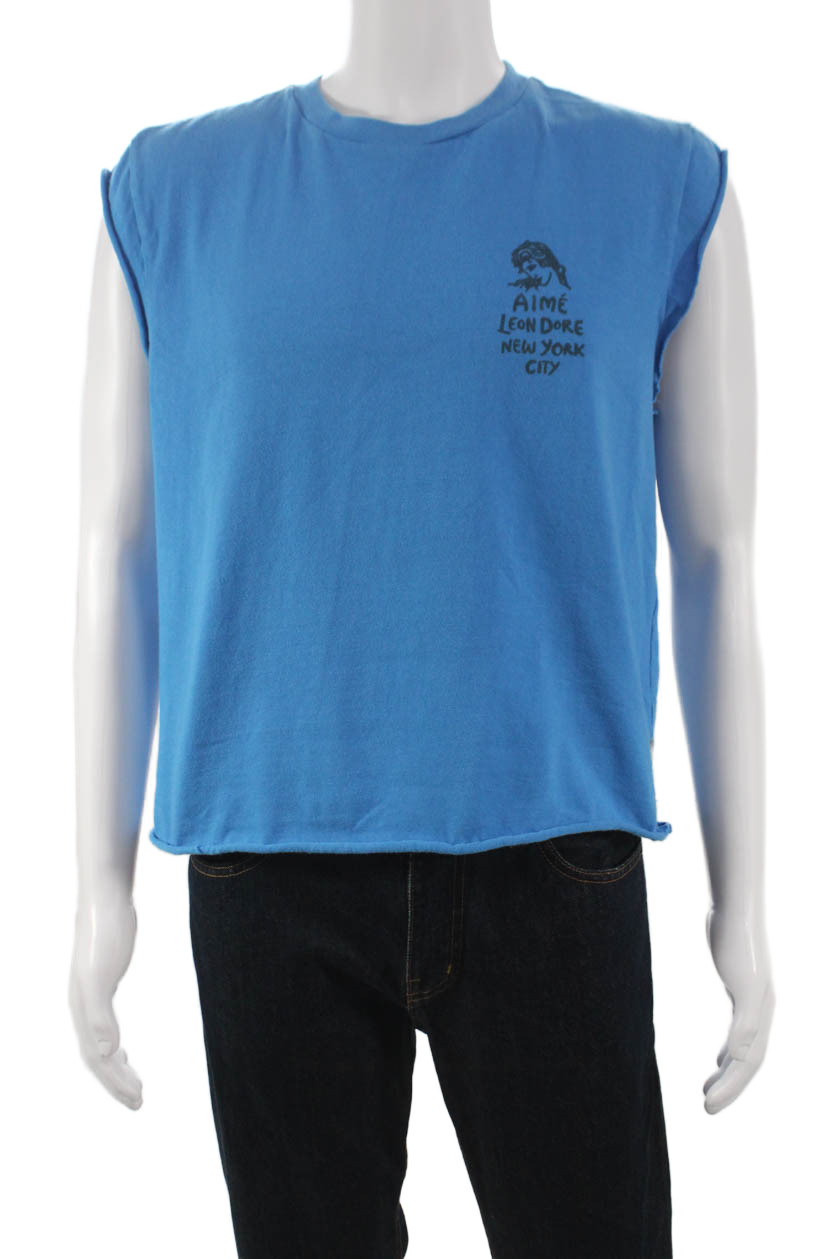 Aime Leon Dore Mens Muscle Tee Blue Graphic Cotton Sleeveless Crew Neck Size M