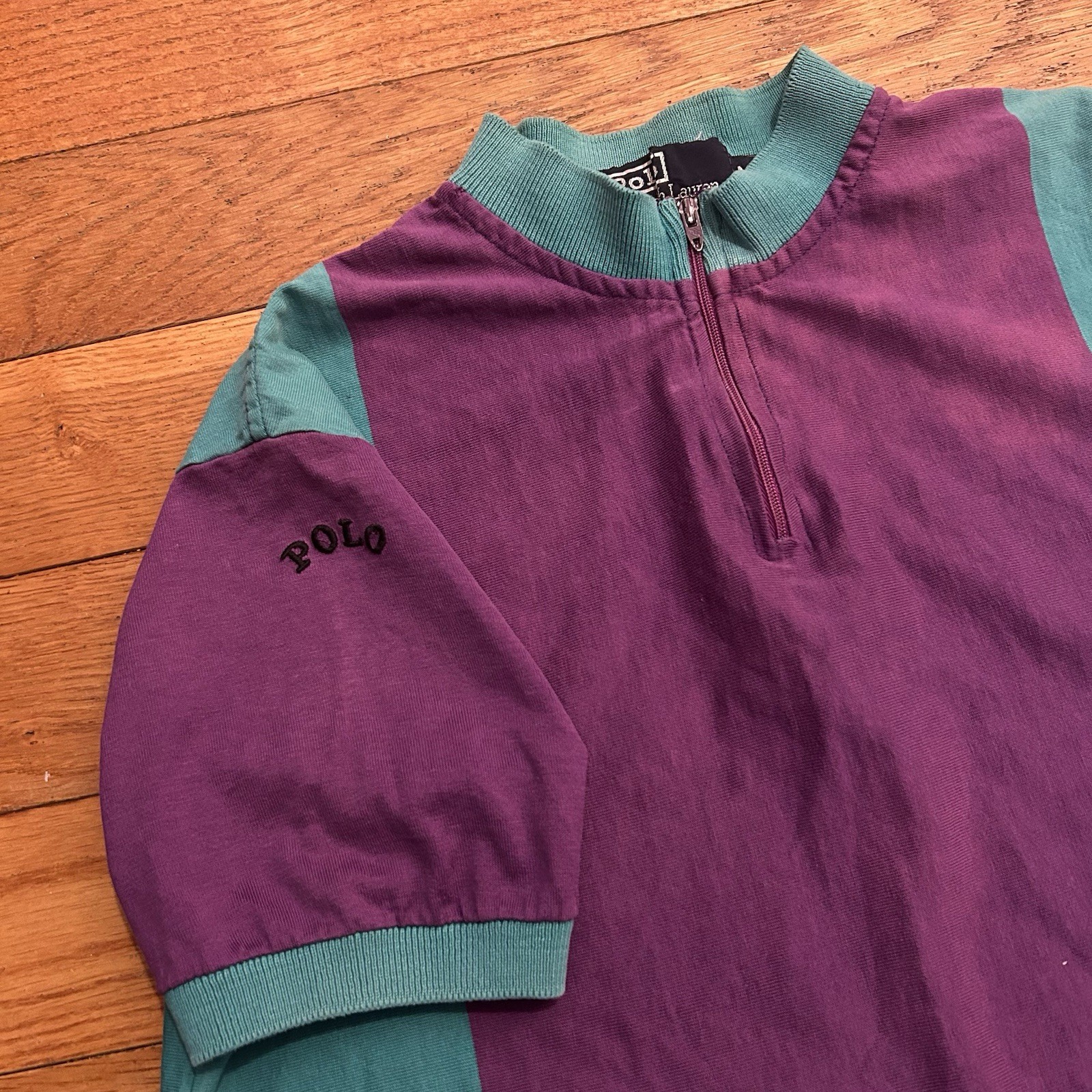 Vintage 80s Polo Ralph Lauren Striped Cycling Logo Jersey Zip Tee Shirt Medium gallery