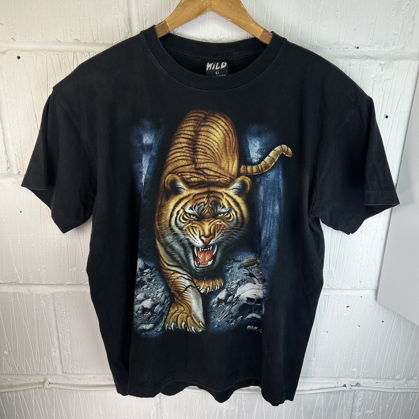 Vintage Tiger T Shirt Mens Large Black Wild Graphic AOP Retro Animal Print Tee gallery