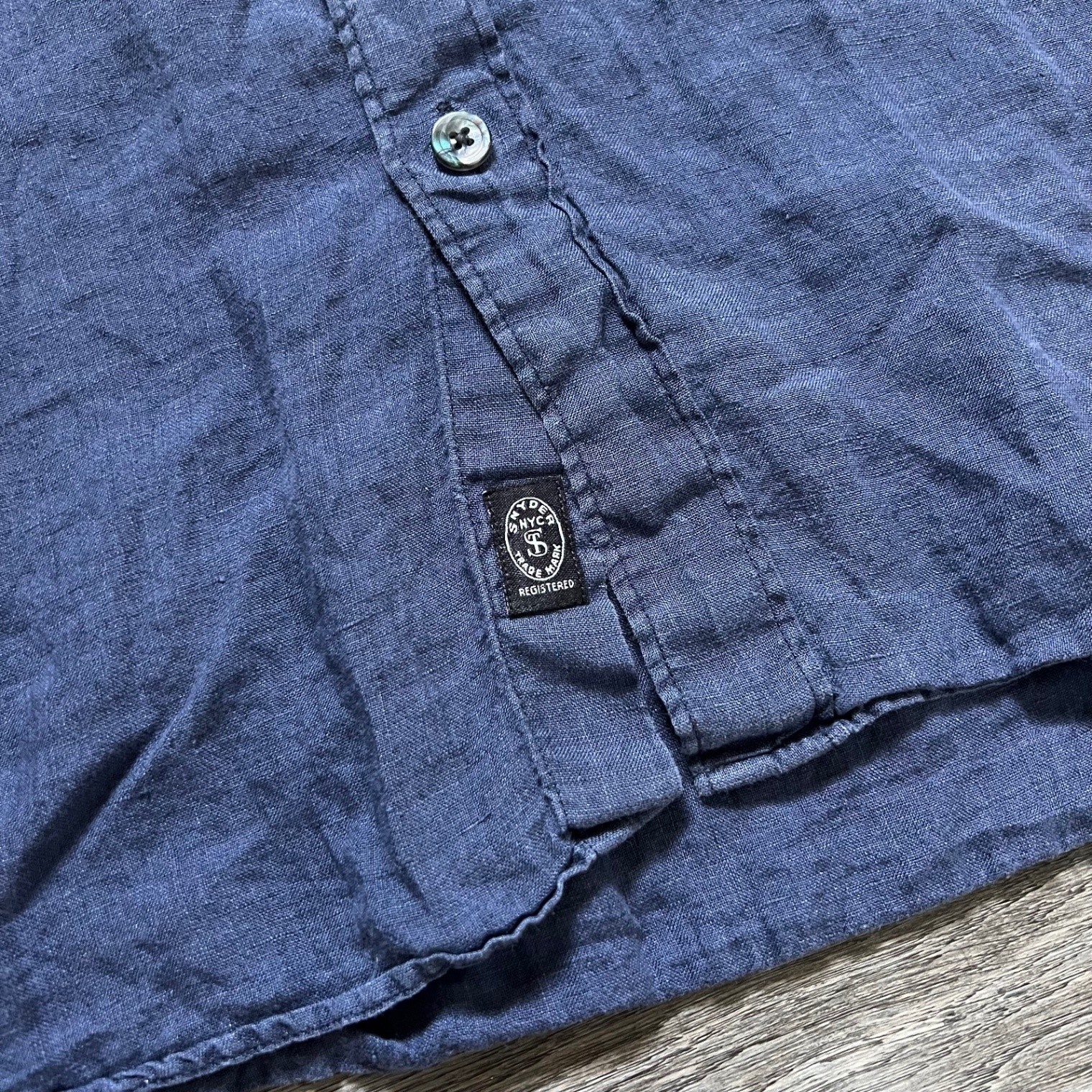 Todd Snyder Men's M Navy Blue Linen Short Sleeve Button Shirt Camp gallery