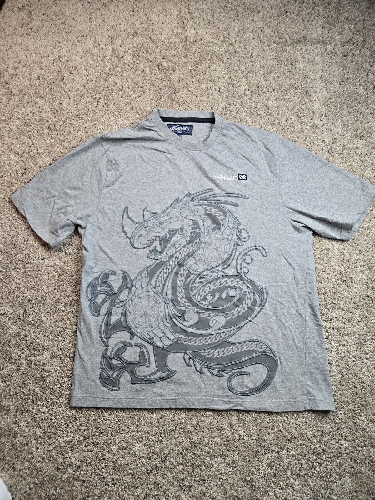 Vintage Ecko UNLTD Shirt Mens 2XL Gray Dragon Embroidered Baggy Hip Hop Y2K