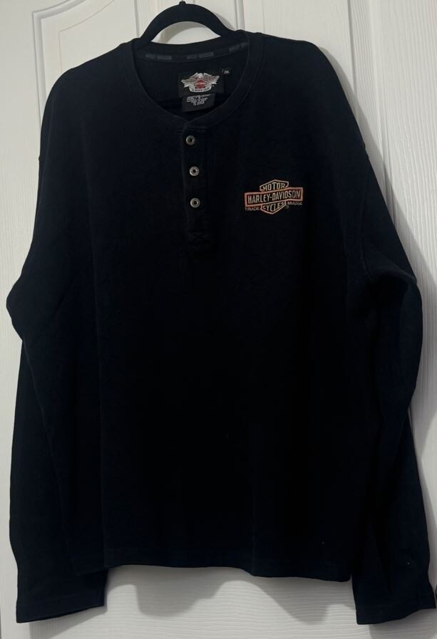 Vtg Harley-Davidson Thermal Shirt Embroidered Logo Button Motorcycles 2XL