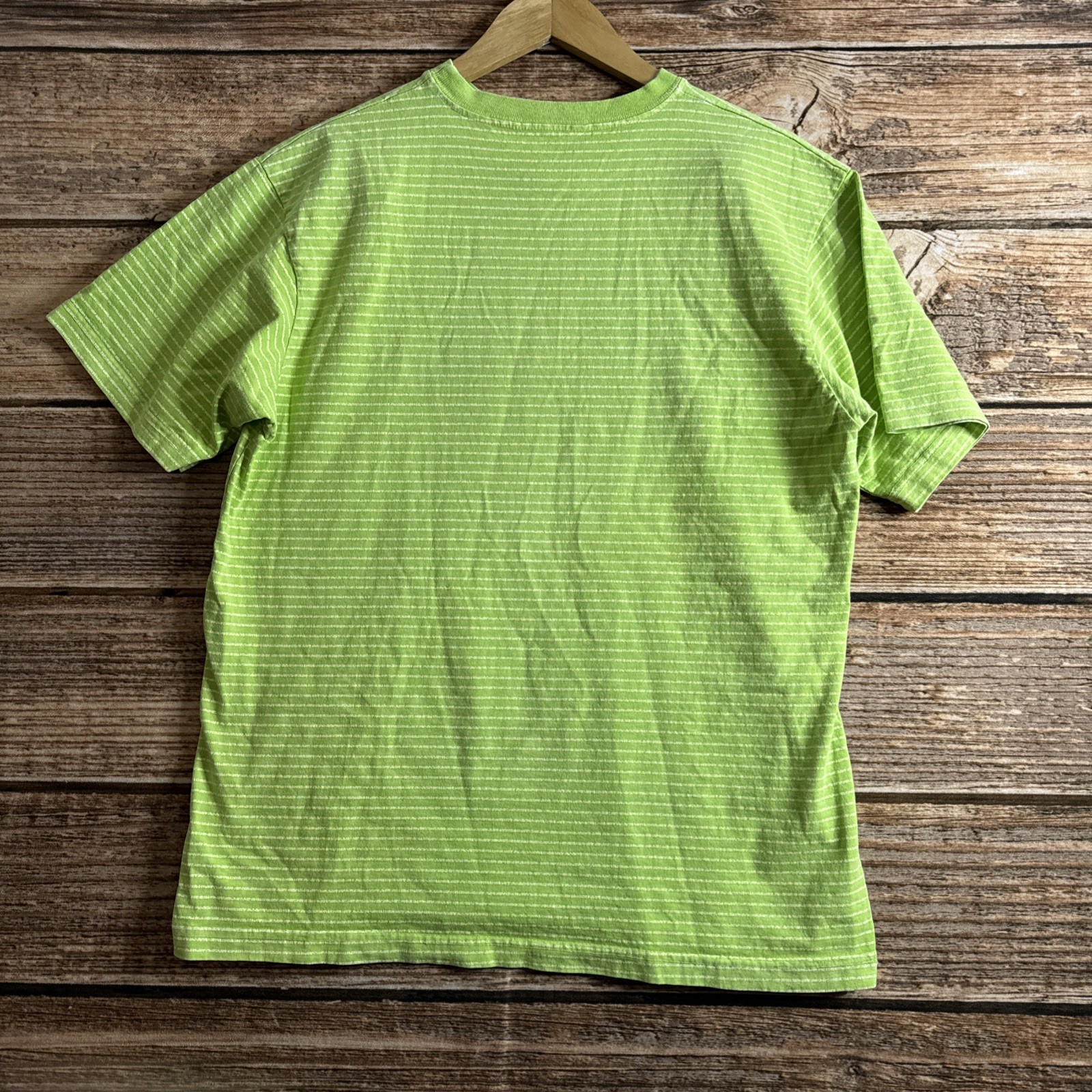 Fresh Produce Shirt Mens Medium Striped Green USA Made Crewneck Tee Linen Cotton
