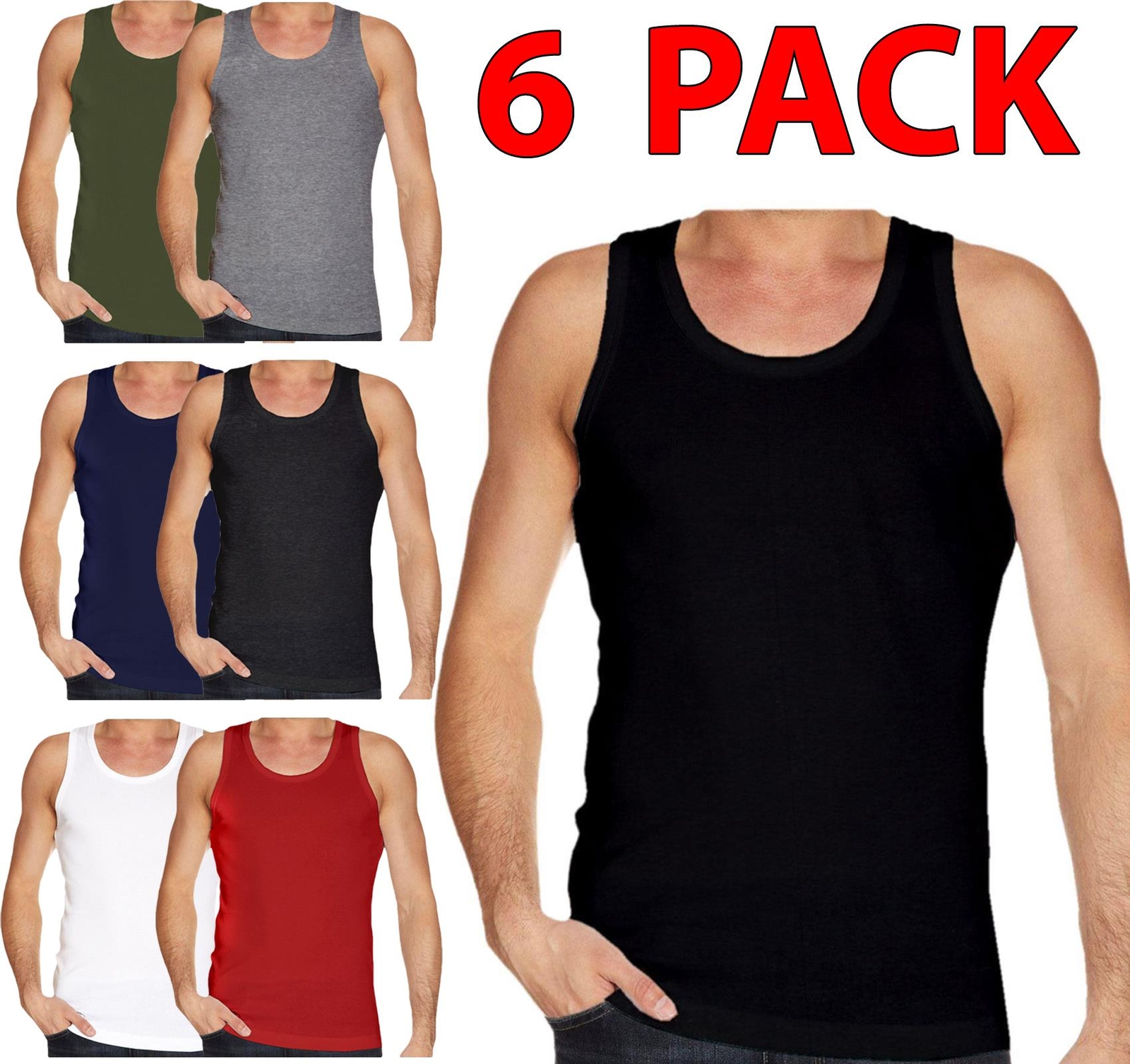 6 Pack Mens Vests 100% Cotton Plain Tank Gym Sports Summer Training Tops S-2XL